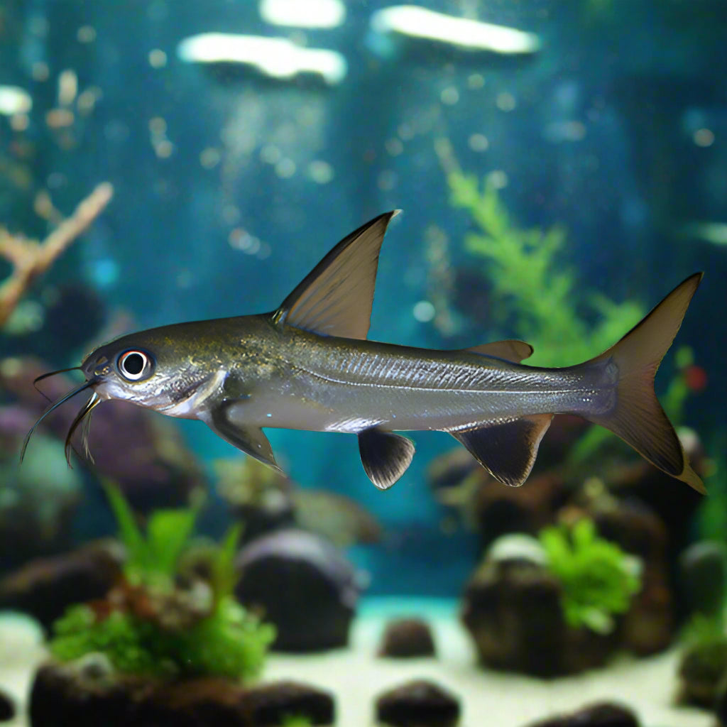A silvery-gray Columbian Shark swims in its aquascaped tank