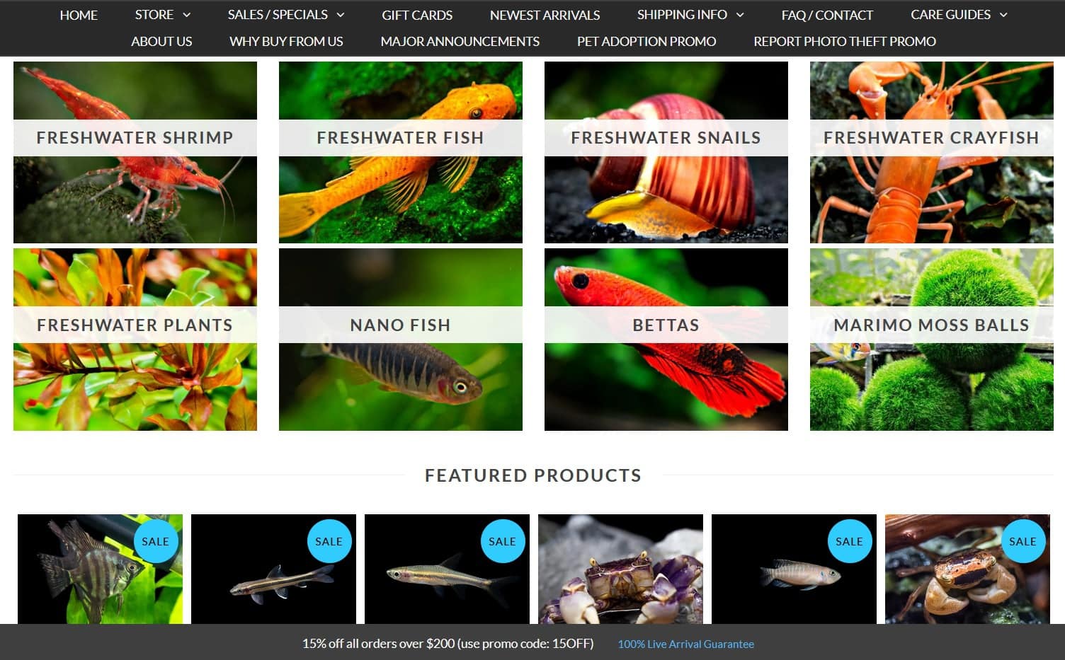 AquaticArts website homepage and categories