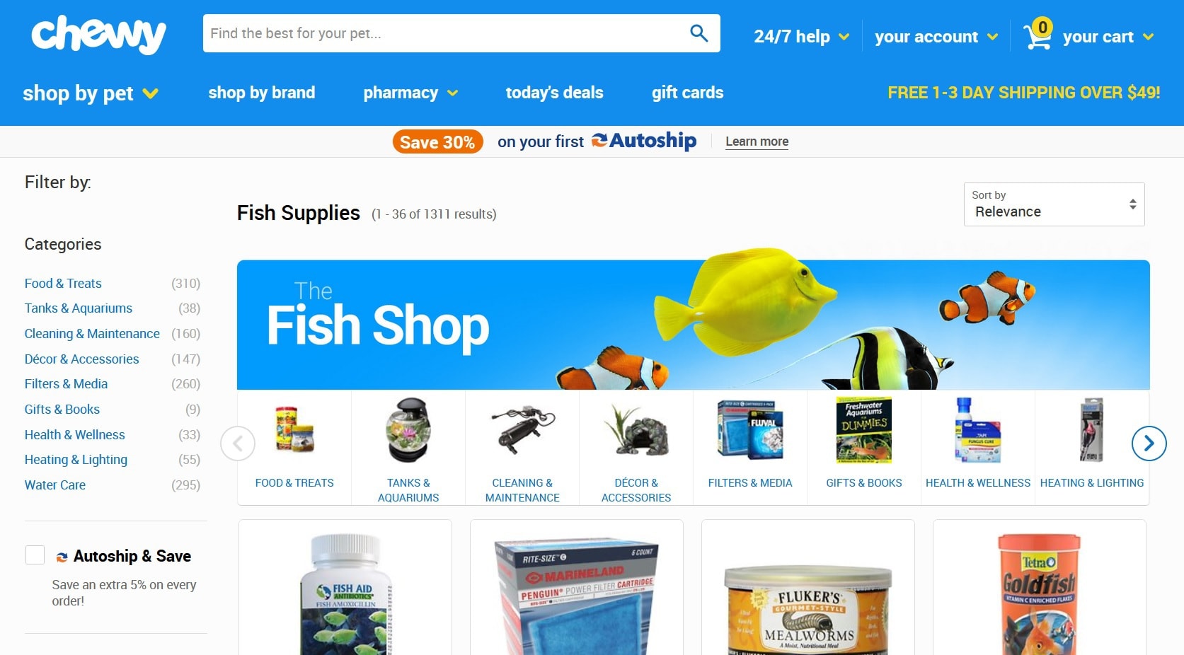 chewy fish supplies homepage