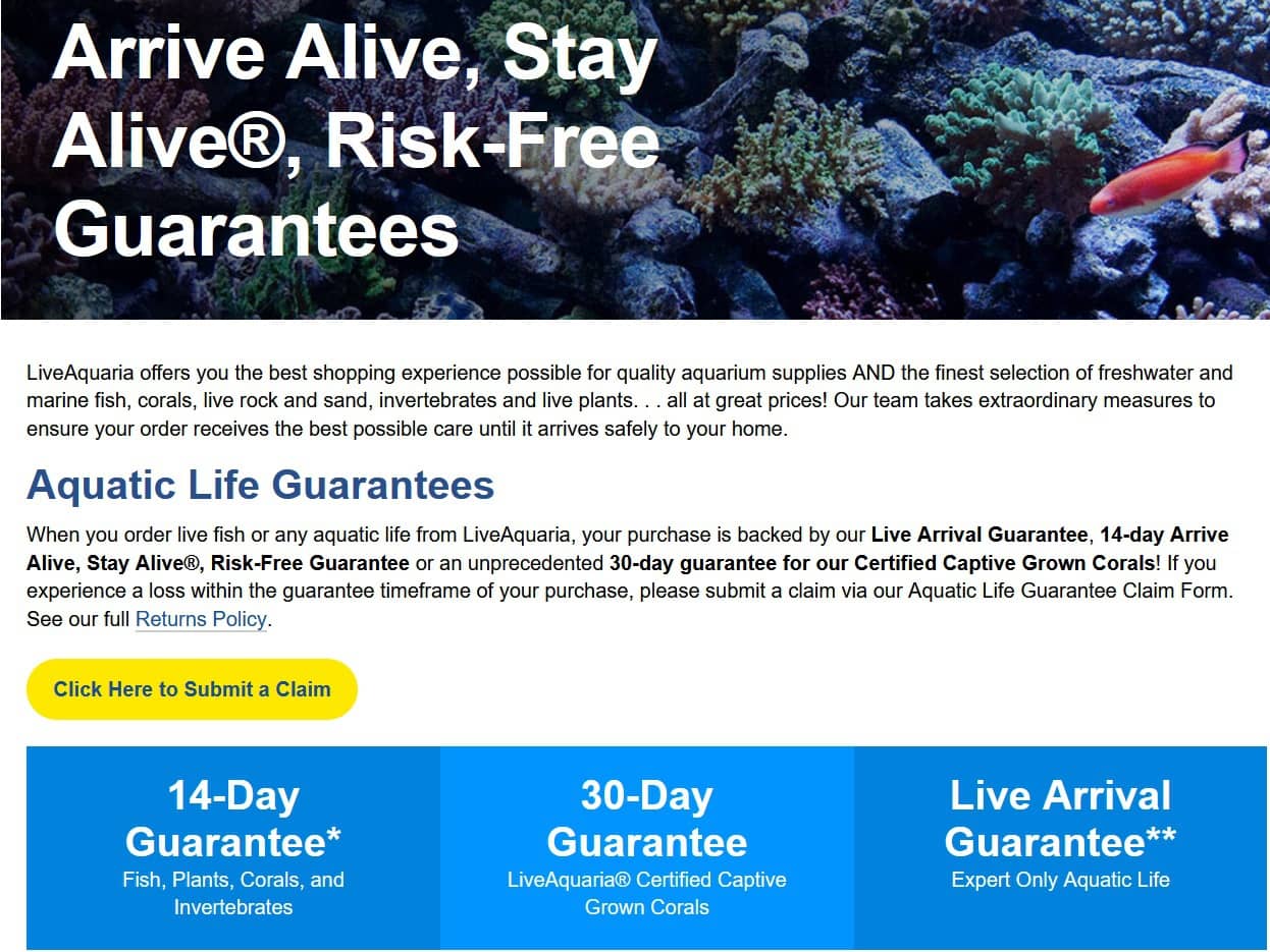 liveaquaria arrival of live fish guarantee