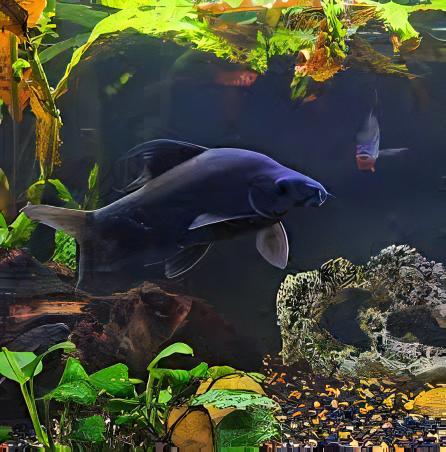 A Black Sharkminnow swims underwater in a heavily planted supersized aquarium with medium-sized tankmates