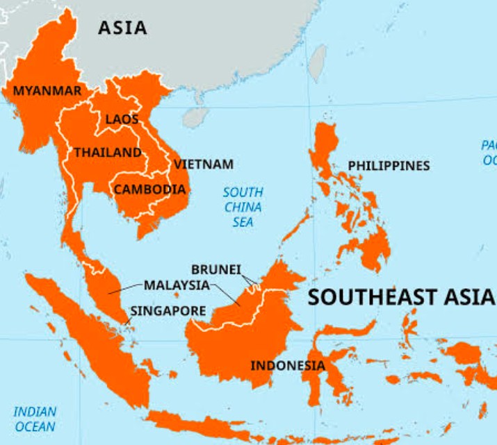 Map highlighting Southeast Asia in orange.