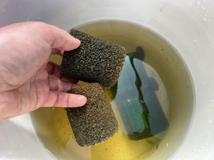 A filter and its medium being cleaned in a white bucket of water.