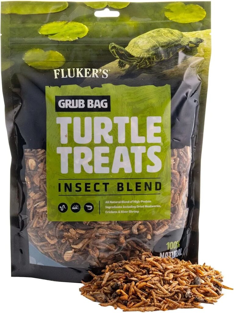 Freeze Dried River Shrimp, Crickets, and Mealworms, For Aquatic Turtles 
Found On Amazon 