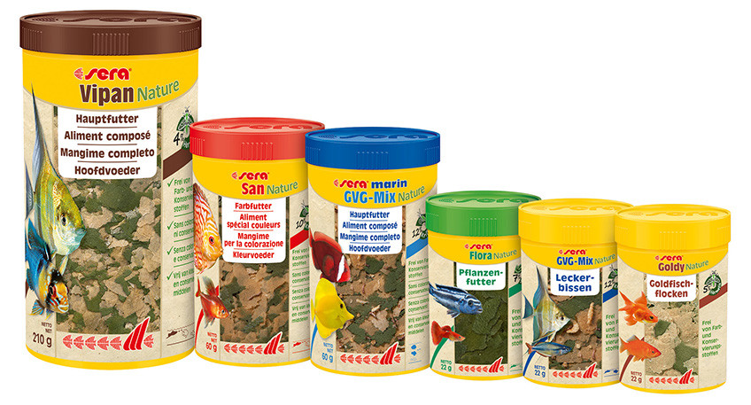 Fish foods lined up on a white background.