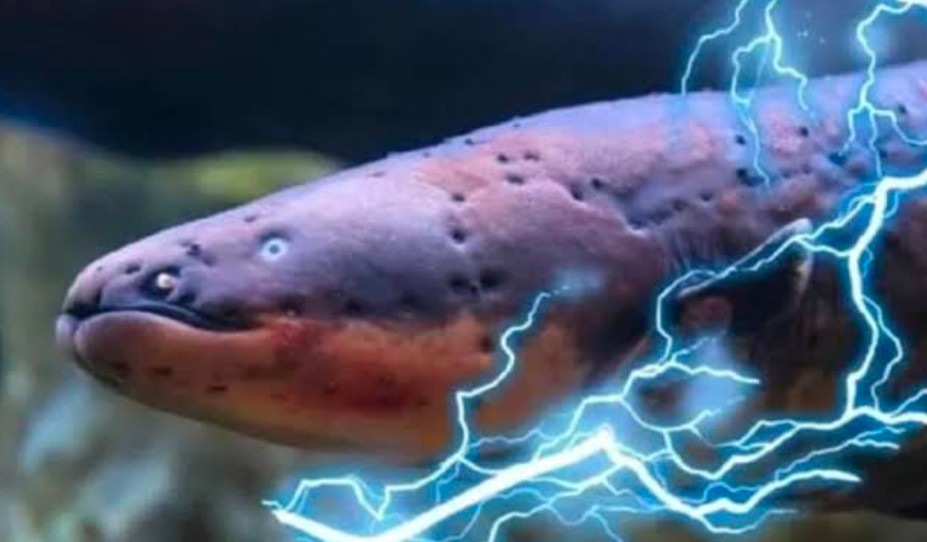 An electric eel's head with animated lighting around its fins to illustrate its electric capabilities.