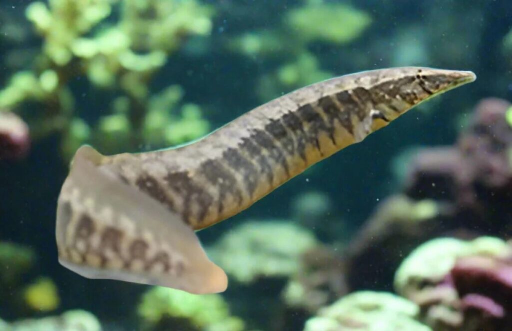 A Half-banded Spiny Eel swimming in its tank.