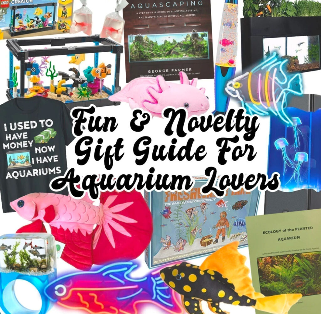 A digital image of a myriad of clipped images of gifts for aquarium lovers in the center there are words saying Fun & Novelty Gift Guide For Aquarium Lovers, all on a white background.