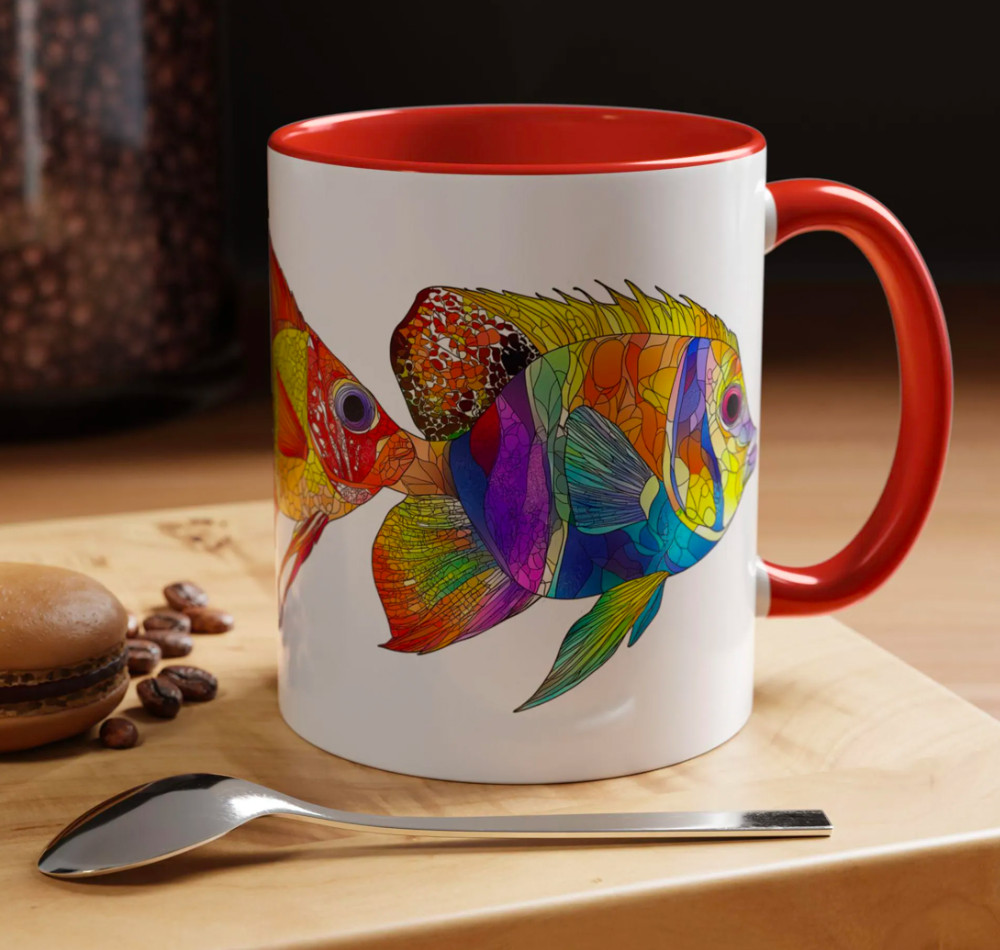 A mug with fish print going around the center.