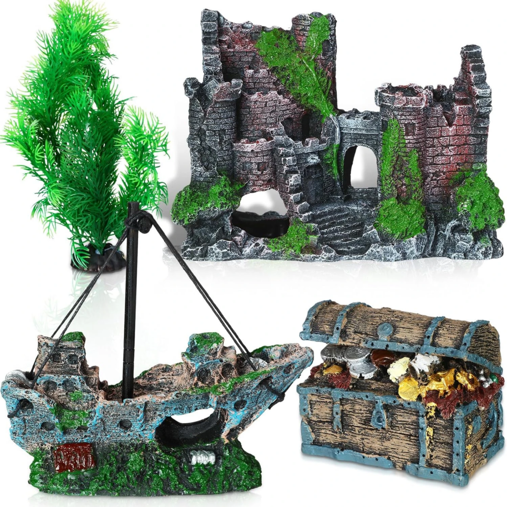 Sunken Shipwreck Decor - Colorful plants and assorted pebbles highlight shipwrecked decor