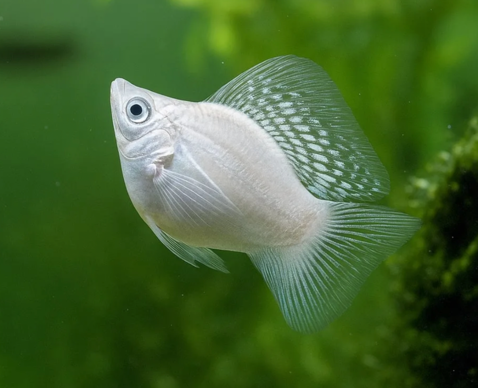 A platinum Balloon Molly fish in a planted tank.